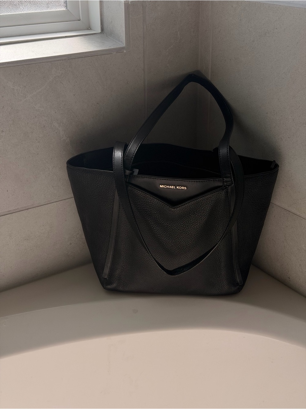 Michael Kors Black Pebbled Leather Tote with Gold Logo